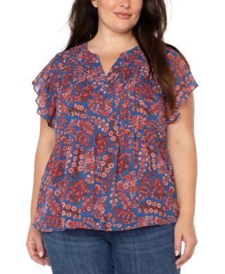 Liverpool Los Angeles - Plus Size Printed Split-Neck Flutter-Sleeve Blouse