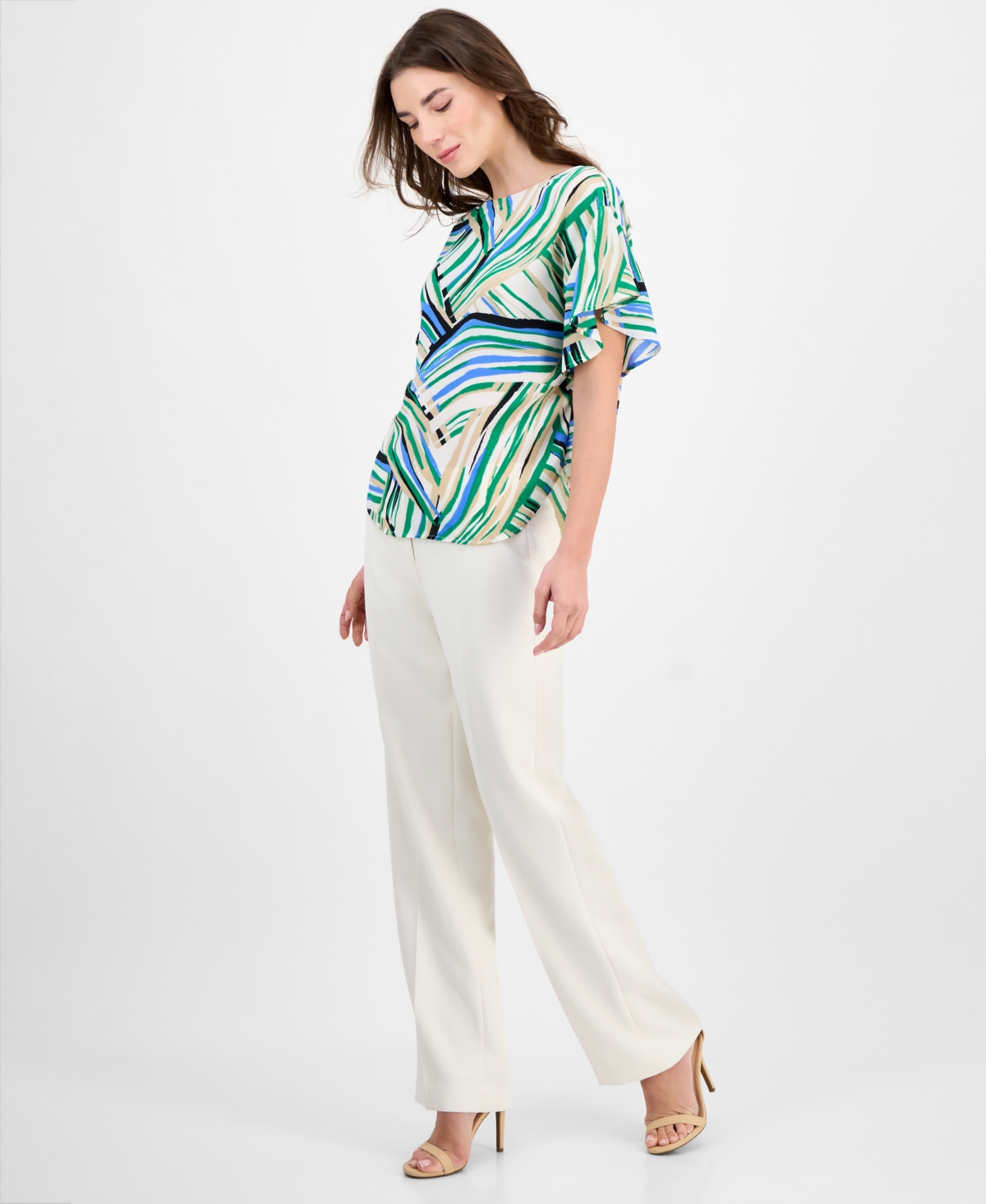 Anne Klein Plus Size Printed Flutter-sleeve Blouse