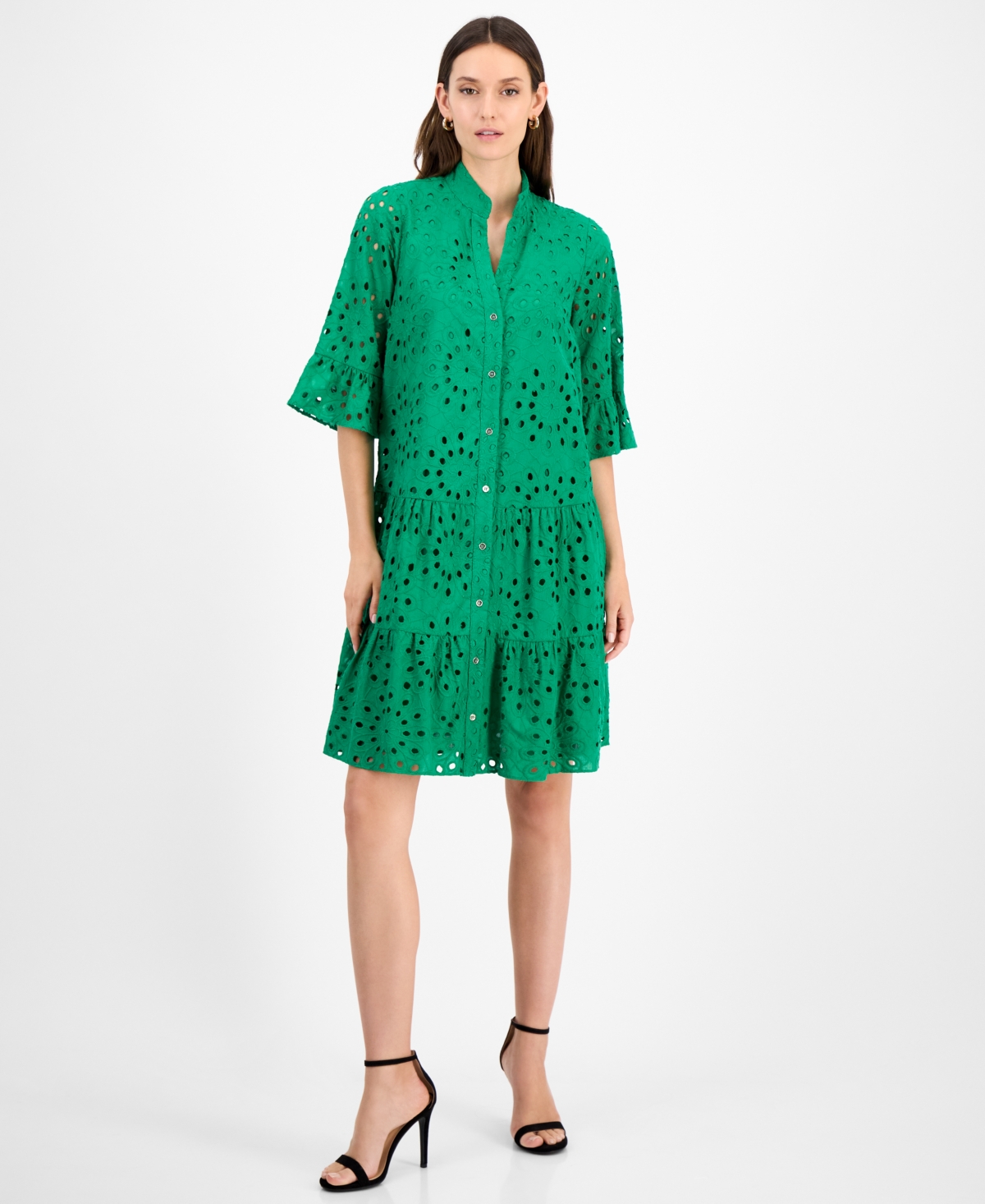 Petite Stand Collar Tiered Cotton Shirtdress - Tropical Green