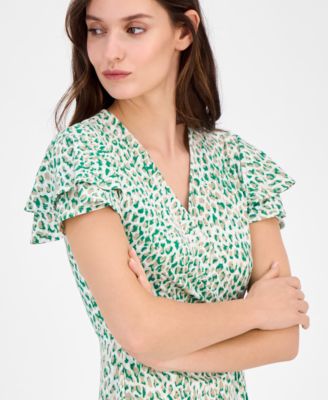 Women's Faux-Wrap Flutter-Sleeve Print Dress