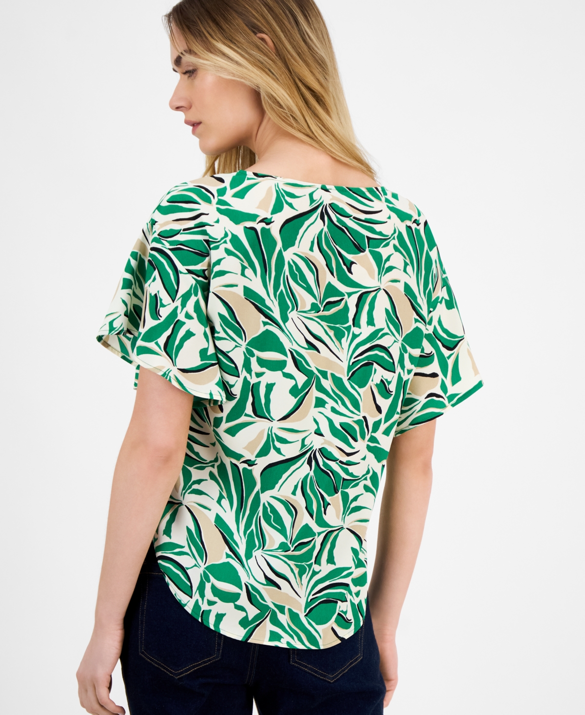 Anne Klein Boat Neck Flutter Sleeve Top In Tropical Green Multi