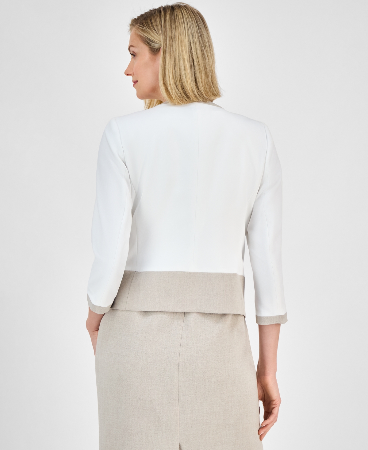 Kasper Womens Colorblocked Open Front Jacket Sheath Dress In Lily White,summer Straw