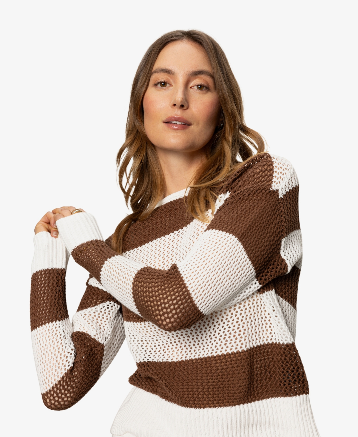 Women's Cotton Open-Knit Long-Sleeve Sweater - Chalk/Sepia Stripe