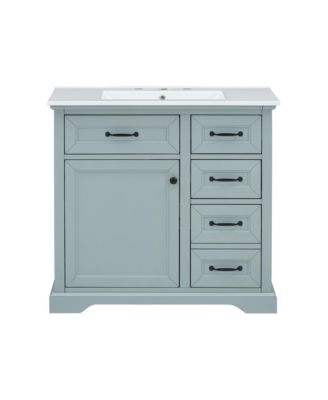 36" Rubberwood & MDF Tip-Out Drawers & Soft-Close Doors Bathroom Vanity with Ceramic Sink