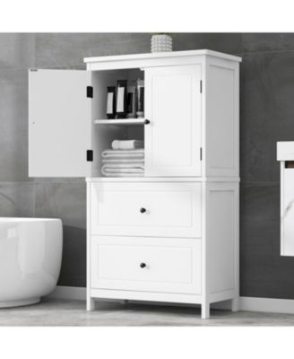 Bathroom Storage Cabinet, Cabinet with Two Doors and Drawers, Adjustable Shelf, MDF Board, White