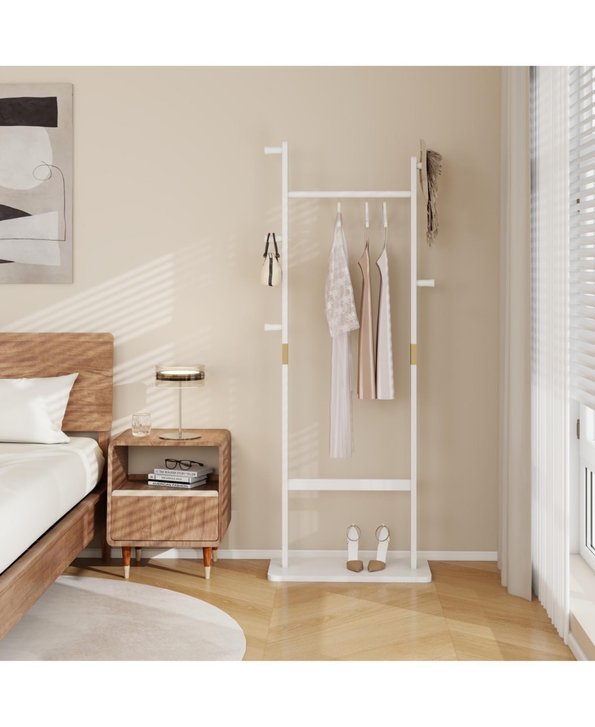 Solid Wood Coat Rack (23.6" x 11" x 64.1") for Bedroom/Entryway/Living Room (White) - White