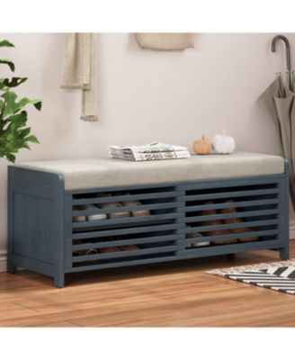 Streamdale Distressed Shutter Storage Bench with Acacia Veneer for Retro Charm for Living Room, Entryway (Navy)