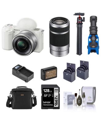 ZV-E10 Mirrorless Vlog Camera with 16-50mm Lens, Black - Bundle with 55-210mm Lens, 128GB SD Card, Shoulder Bag, Mic, Tripod, Extra Battery