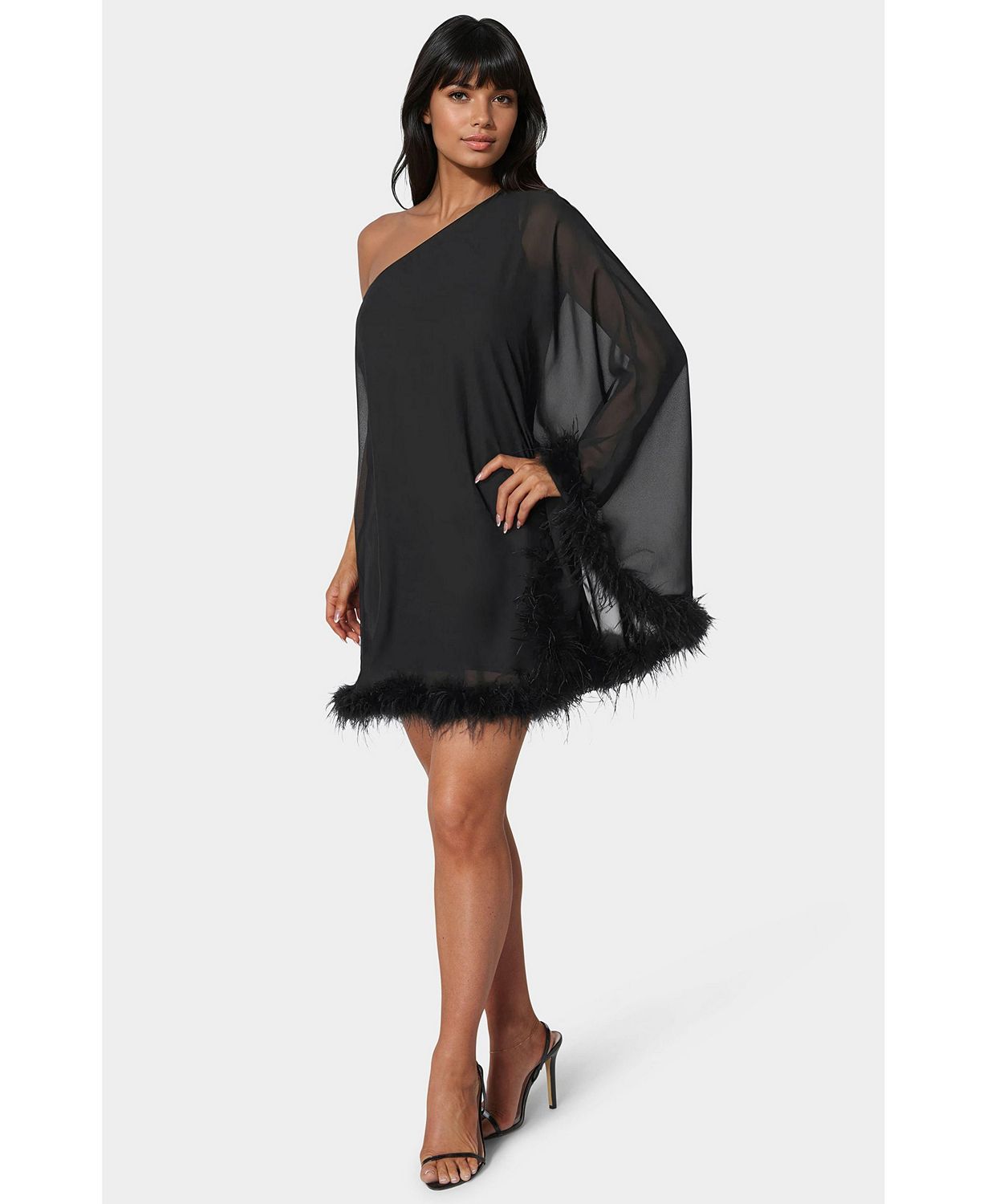 Women's Feather Chiffon One Shoulder Cape Dress