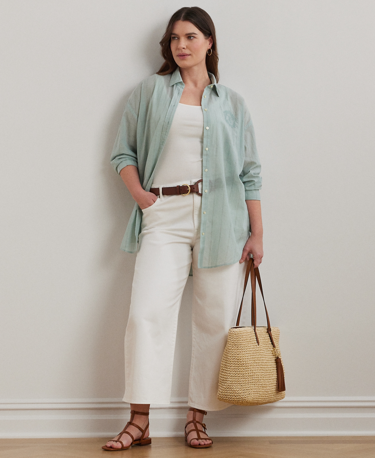 Ralph Lauren Plus Size Oversize Striped Cotton Voile Shirt In Washed Sage Multi