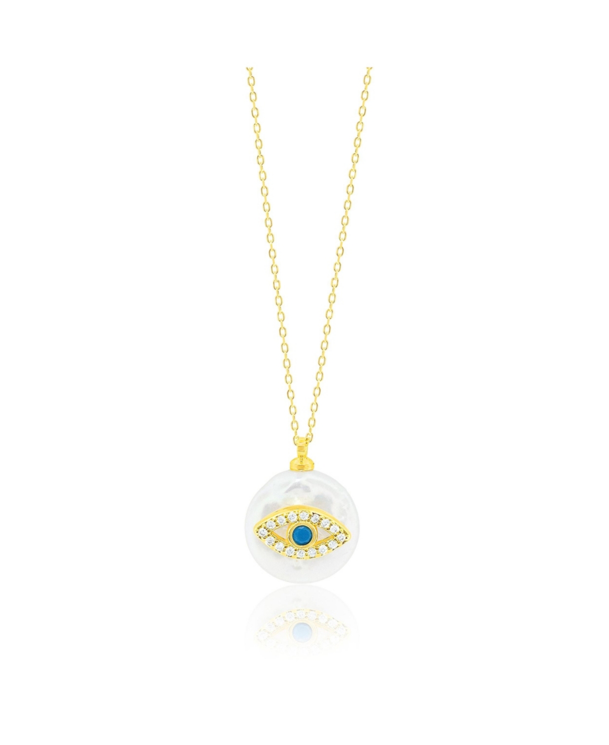 Evil Eye Pearl Layering Necklace with Yellow Gold Tone Chain and Created Blue Saphire Accent