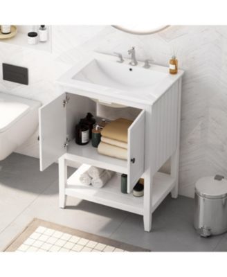 24" White Bathroom Vanity with Elegant Ceramic Sink, Solid Wood Frame & Open Shelf