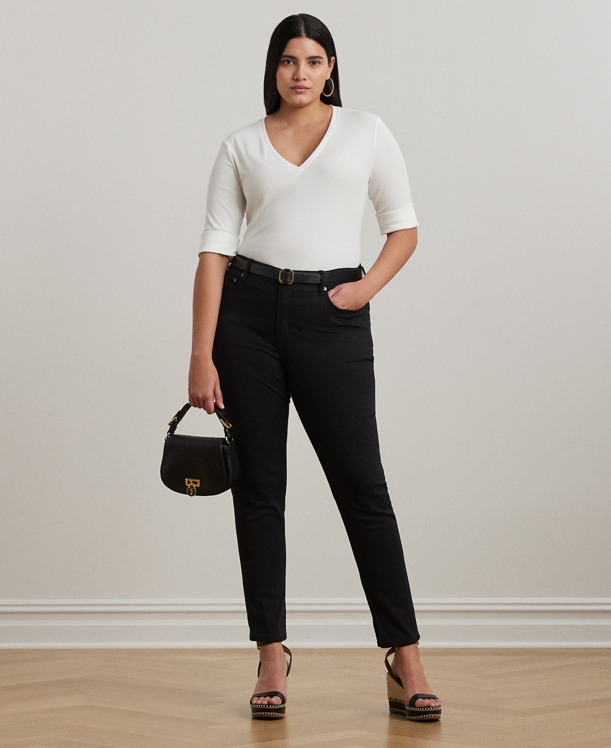 Shop Ralph Lauren Plus Size Stretch Cotton Elbow-sleeve V-neck Tee In White