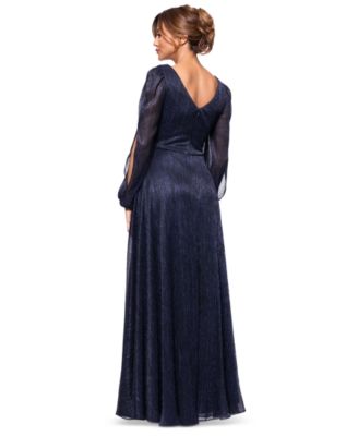 Petite Long-Sleeve V-Neck Crinkle Gown