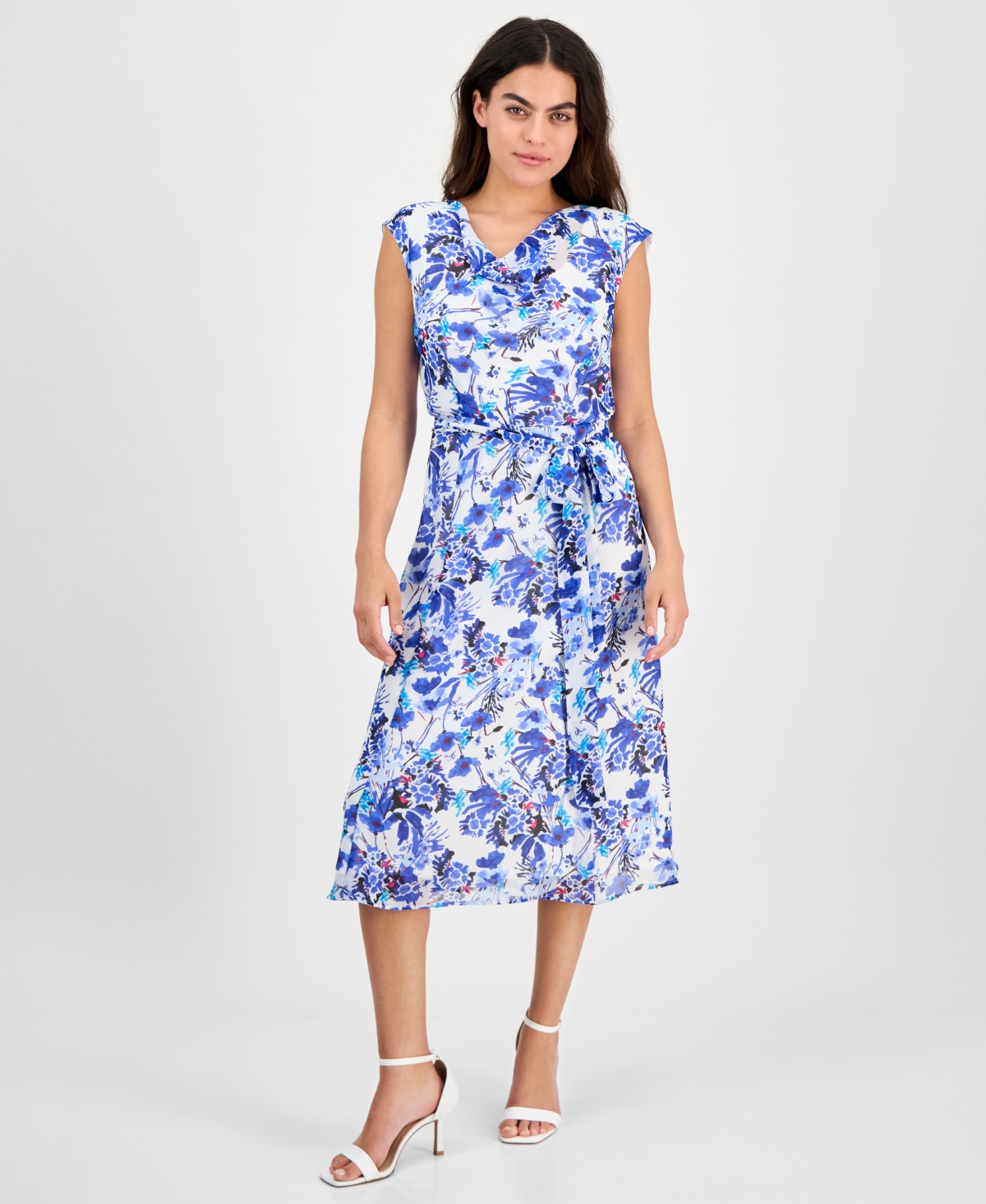 Petite Printed Tie-Waist Cap-Sleeve Midi Dress - Bright White Multi