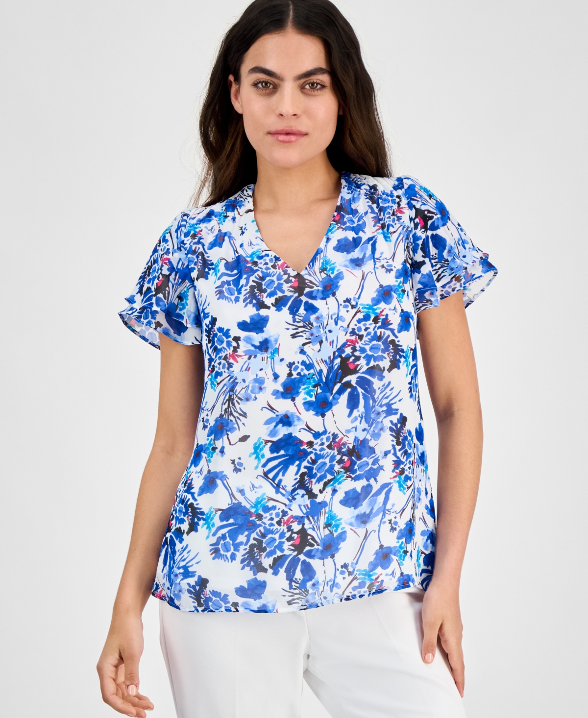 Ak Anne Klein Petite Floral Button-down Ruffle Blouse