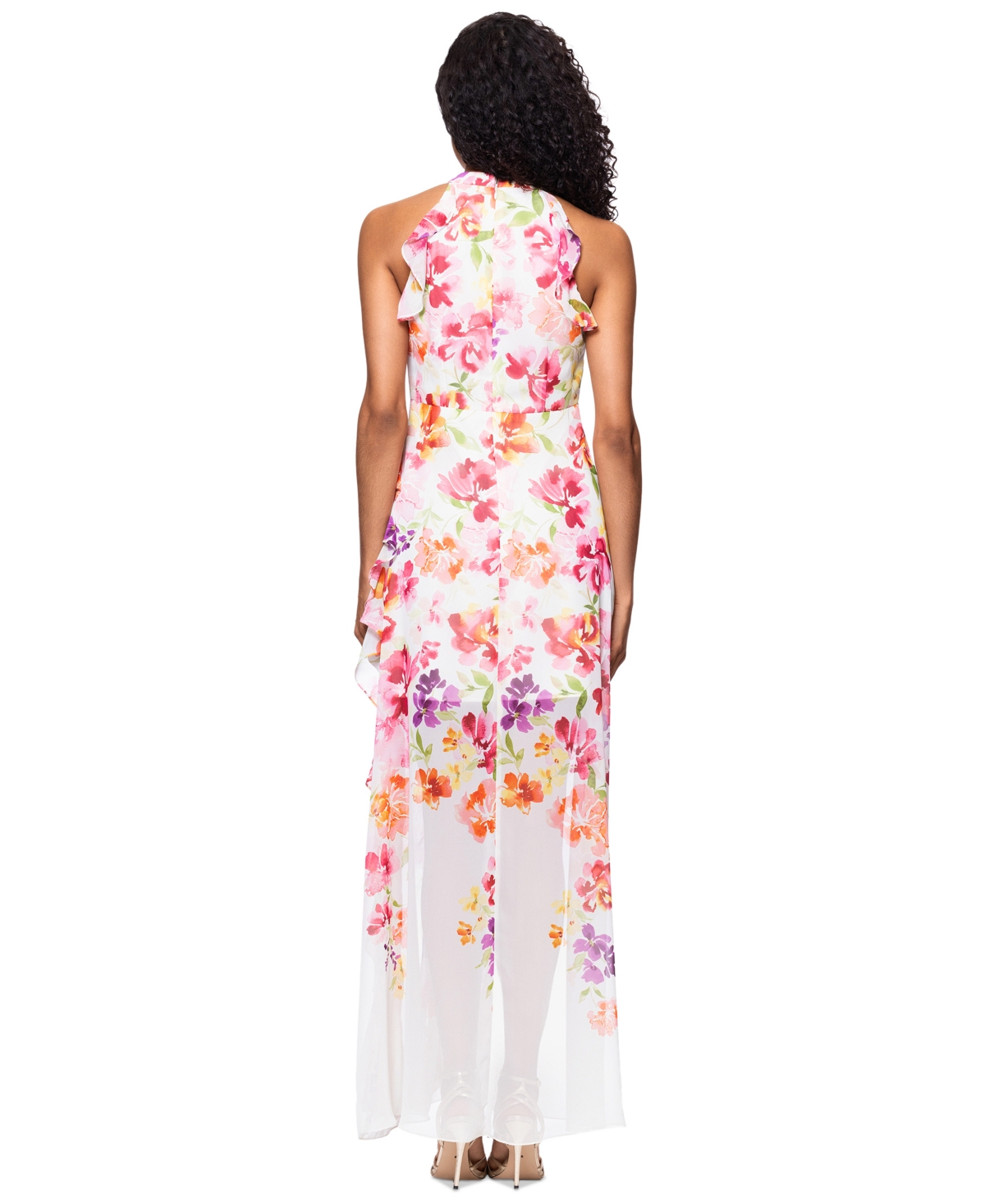 Betsy & Adam Women's Floral Print Ruffled Sleeveless Gown In Pink Multi