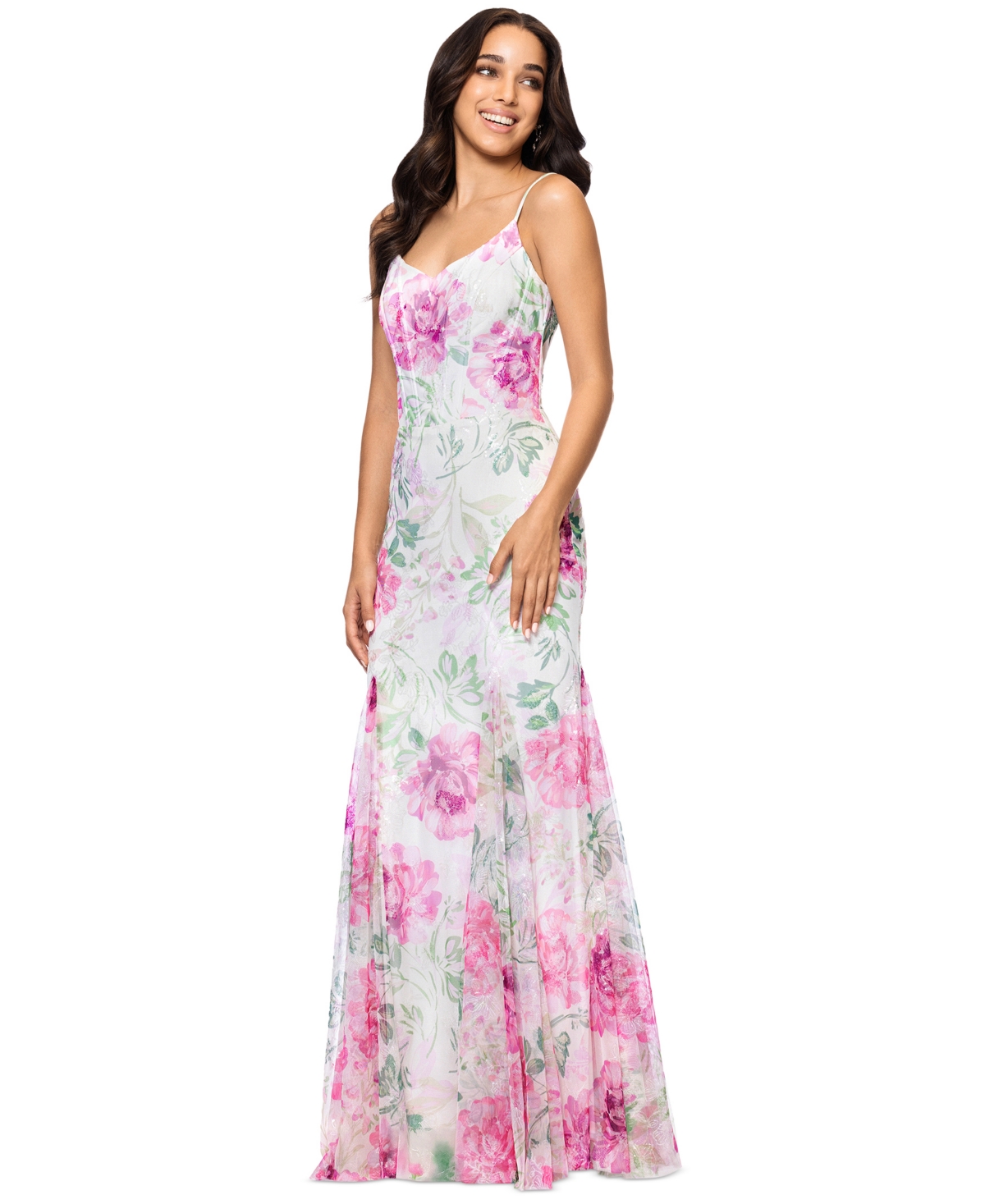 Betsy & Adam Women's Sequin Floral Print Sleeveless Gown In Ivory,pink