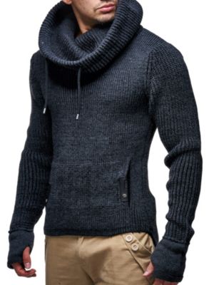 Men's Cowl Neck Knitted Pullover with Thumbhole Cuffs