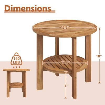 Patio Teak Wood End Table with Round Top and Lower Storage Shelf