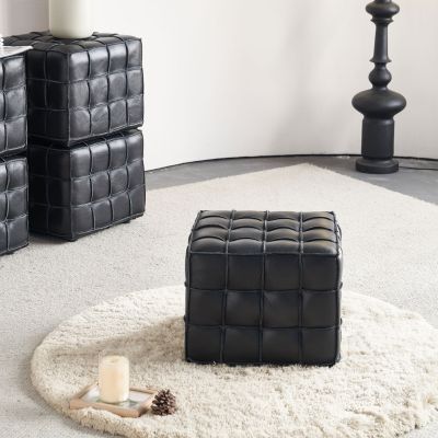 17.32"W Genuine Leather Tufted Ottoman,Footstool for Living Room & Bedroom,Black Color