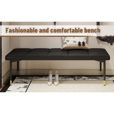 Streamdale 59" Black Shoe Bench with Gold Accents Faux Leather Cushion, Metal Legs