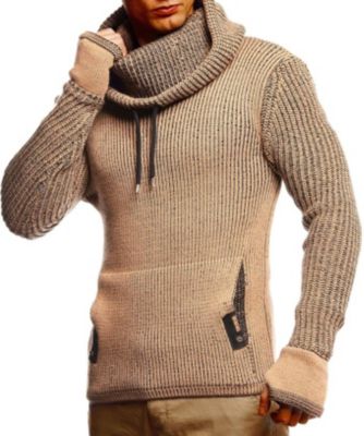 Men's Cowl Neck Knitted Pullover with Thumbhole Cuffs