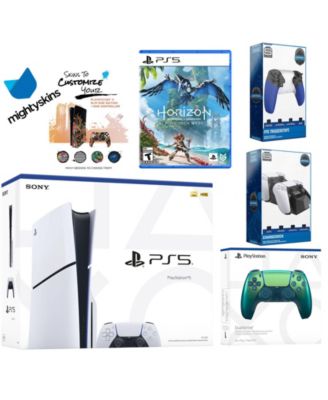 Playstation 5 Slim Disc Bundle with Horizon Forbidden West, Extra Controller, Trigger Stop Kit, Dual Charge Dock and MightySkins Decal Voucher