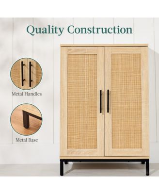 2-Door Natural Rattan 34 x 24in Storage Cabinet for Bathroom, Living, Dining w/ Adjustable Shelves