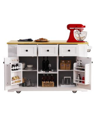 53" Drop Leaf, Barn Doors, Power Outlets, Side Racks, Hidden Wheels Kitchen Island Cart