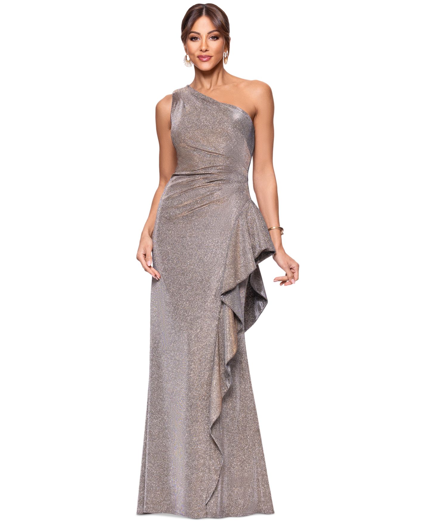 Женское платье XSCAPE Glitter Knit One-Shoulder Gown, цвет: Песочный — фото 1