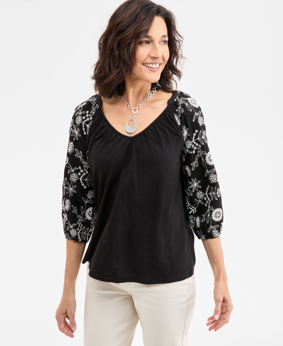 Women's Embroidered 3/4-Sleeve V-Neck Top, Exclusively at Macy's - Deep Black