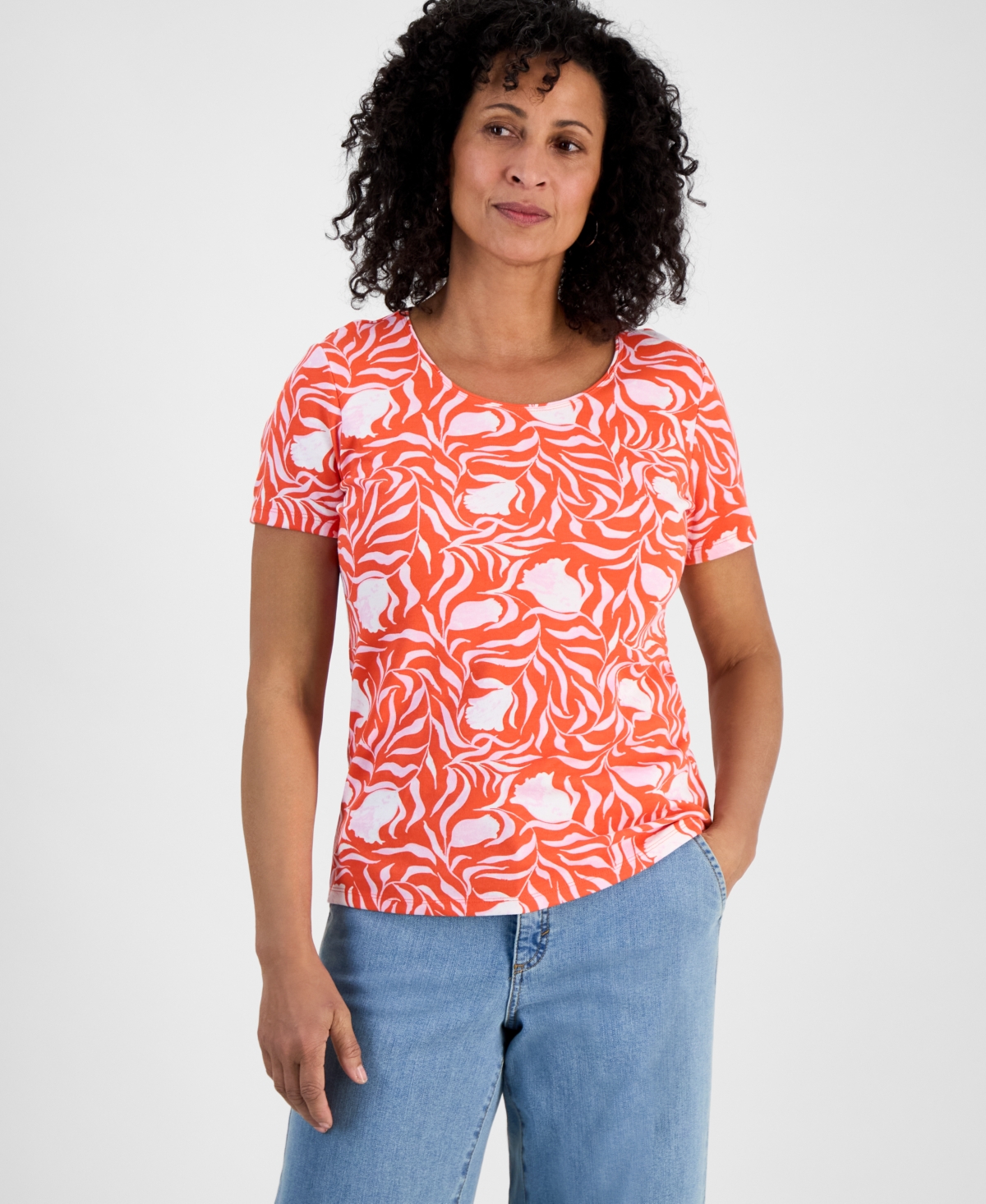 Petite Milo Leaves Printed Short-Sleeve Scoop-Neck T-Shirt, Exclusively at Macy's - Milo Orange