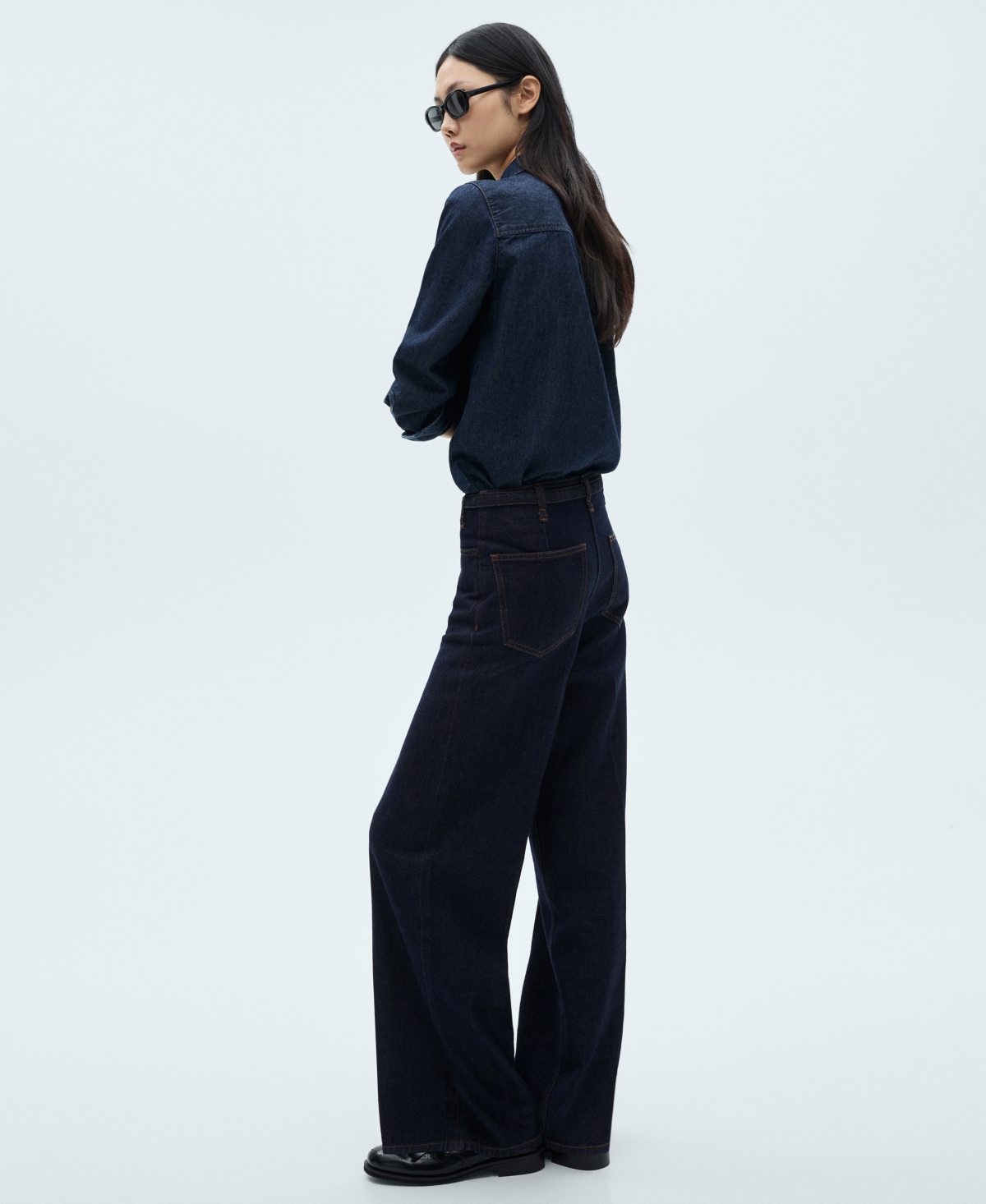 Shop Mango Women's Belted Rinse-wash Wide Leg Jeans In Open Blue
