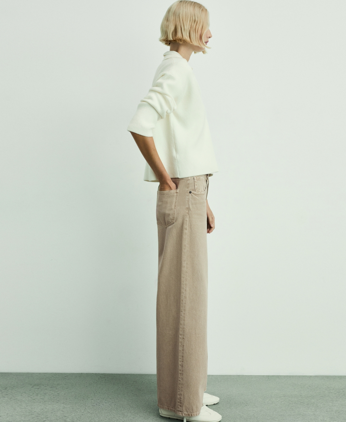 Mango Low Rise Wide Leg Jeans In Sand