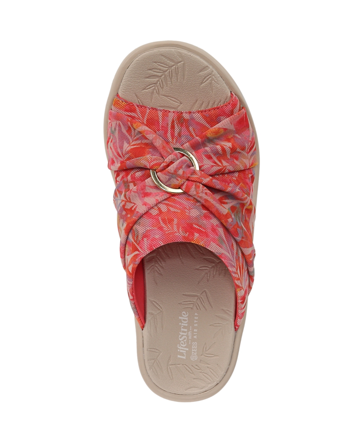 Bzees Serenade Slide Sandal In Coral Multi Island Palm Fabric