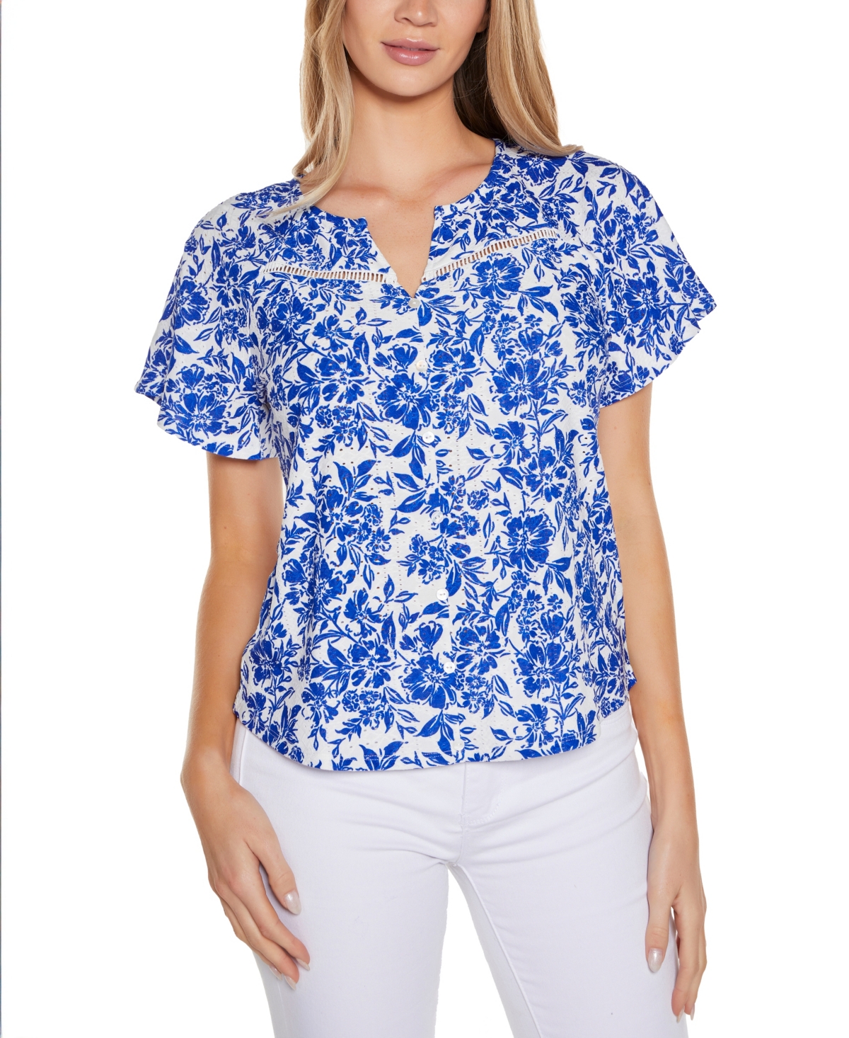 Shop Belldini Women's Floral Printed Eyelet Short Sleeve Knit Top In White,cobalt