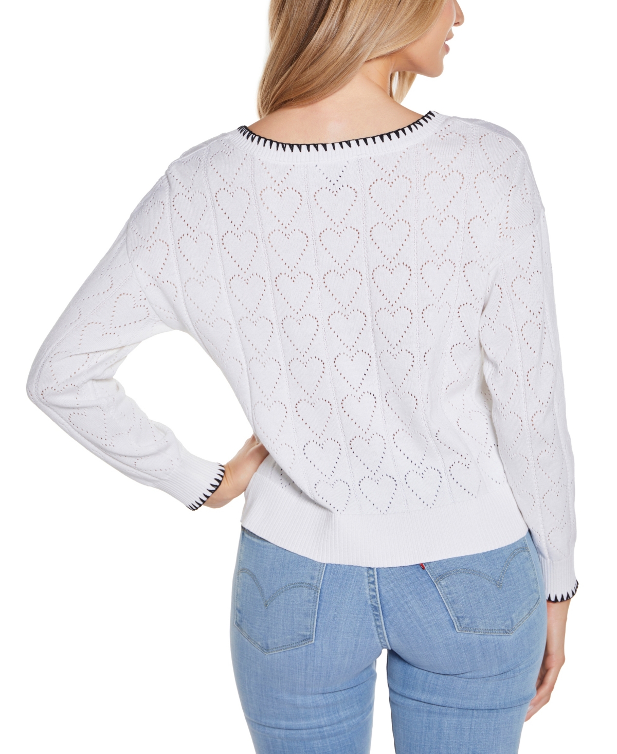 Shop Belldini Women's Heart Pointelle V-neck Sweater In White,black