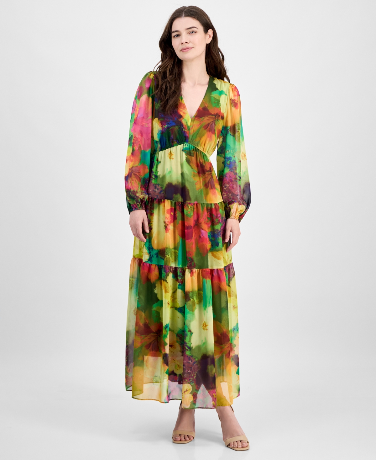 Women's V-Neck Long-Sleeve Maxi Dress - Purple Mul