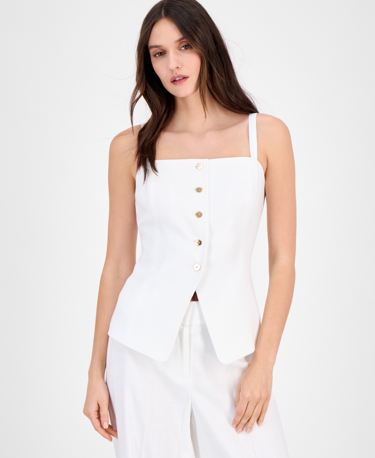Women's Linen-Blend Button-Front Tank Vest - White