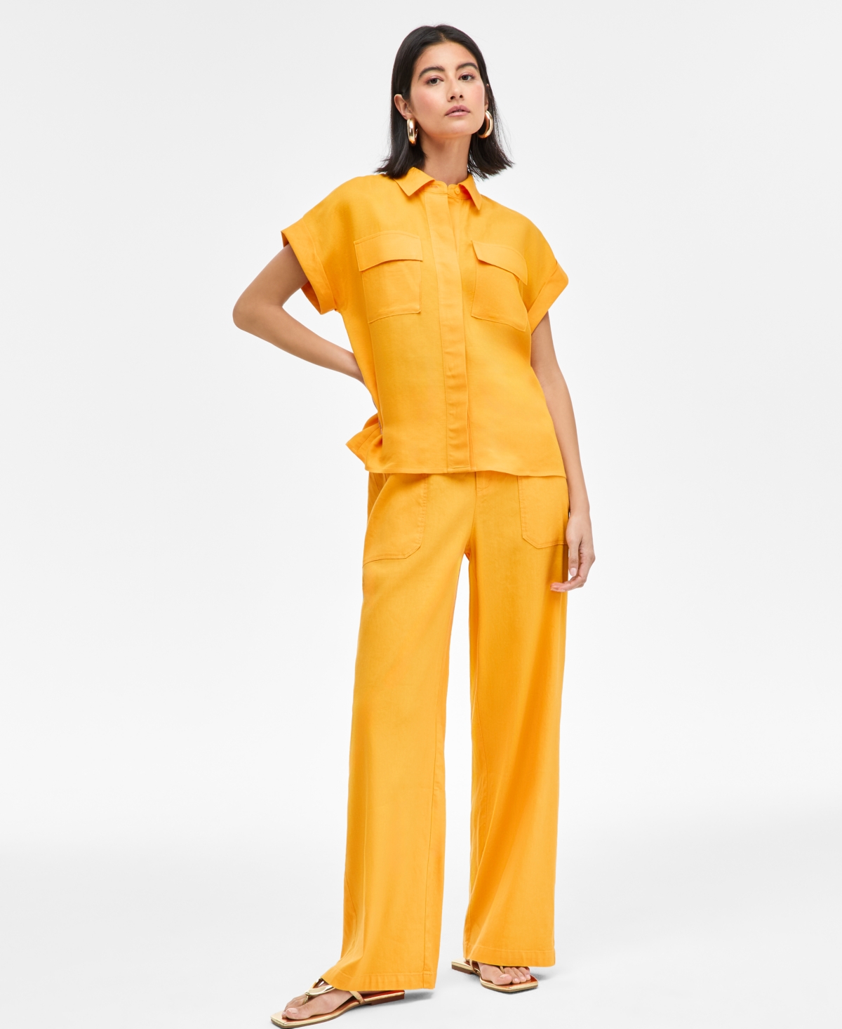 Inc International Concepts Women's Linen-blend Short-sleeve Blouse, Exclusively At Macy's In Bright Honey