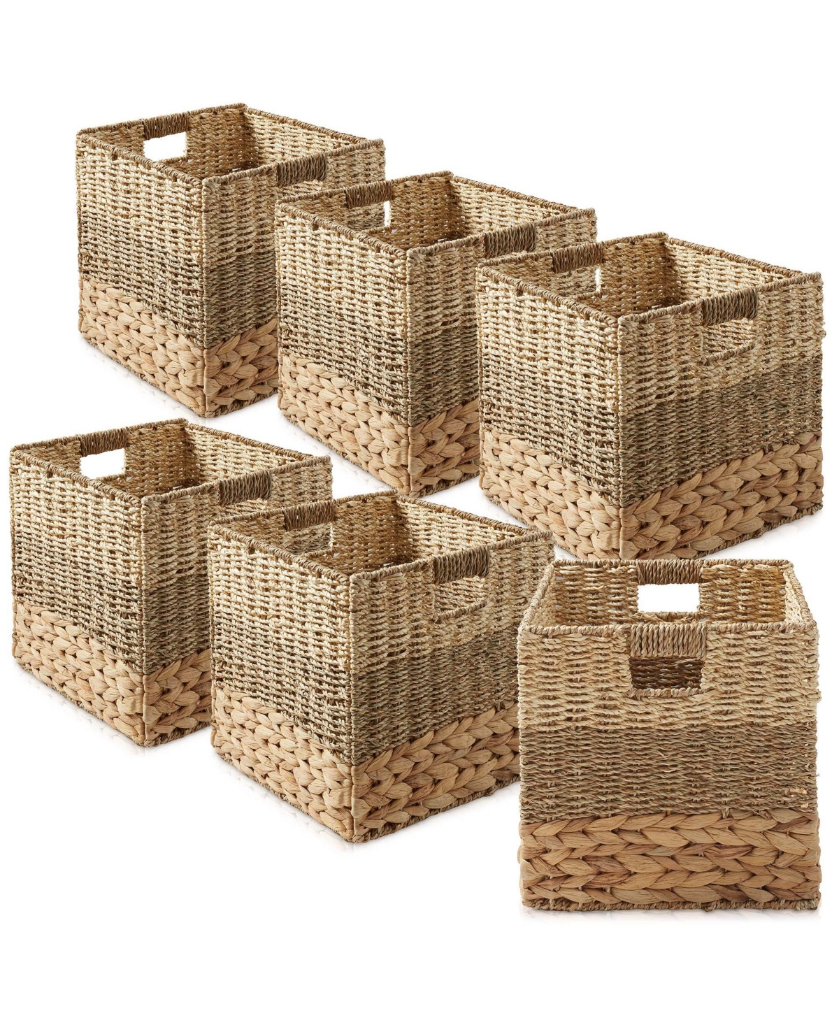 12&#x22; x 12&#x22; Mixed Weave Storage Baskets, Natural - Set of Collapsible Cubes, Woven Bin Organizers for Bathroom, Bedroom, Laundry - N