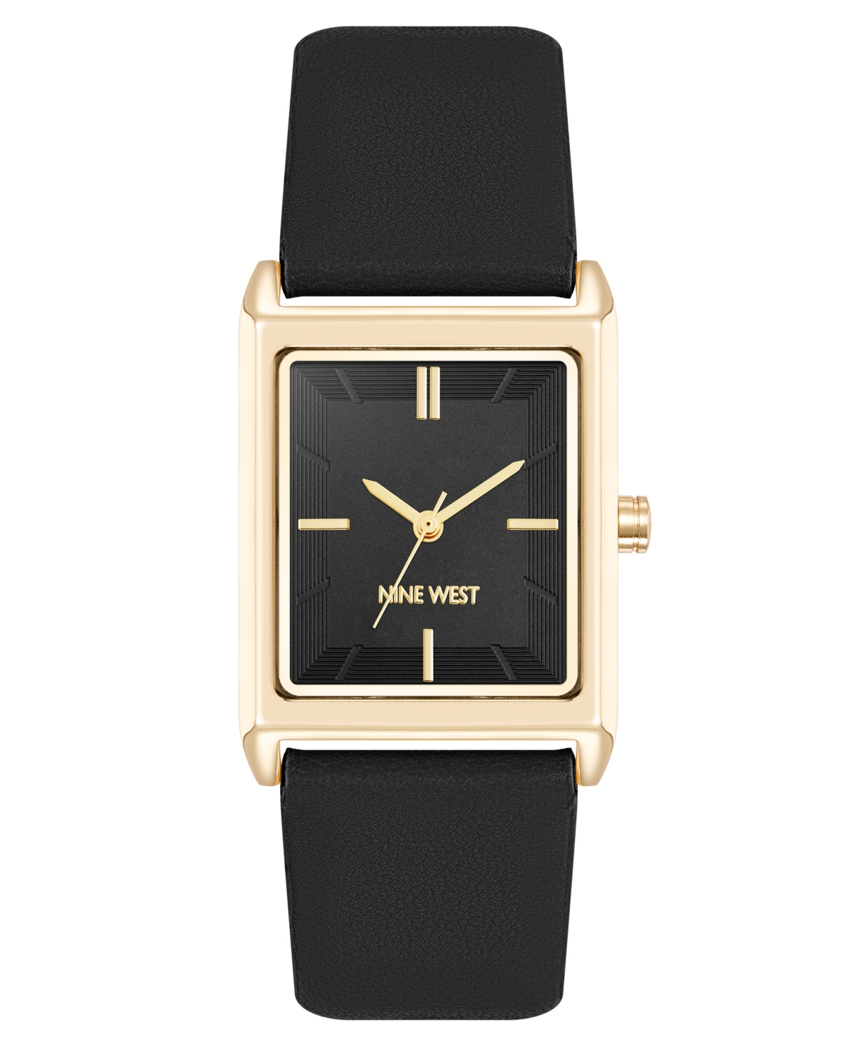 Shop Nine West Women's Quartz Rectangular Gold-tone And Black Polyurethane Leather Band Watch, 26mm In Black,gold-tone