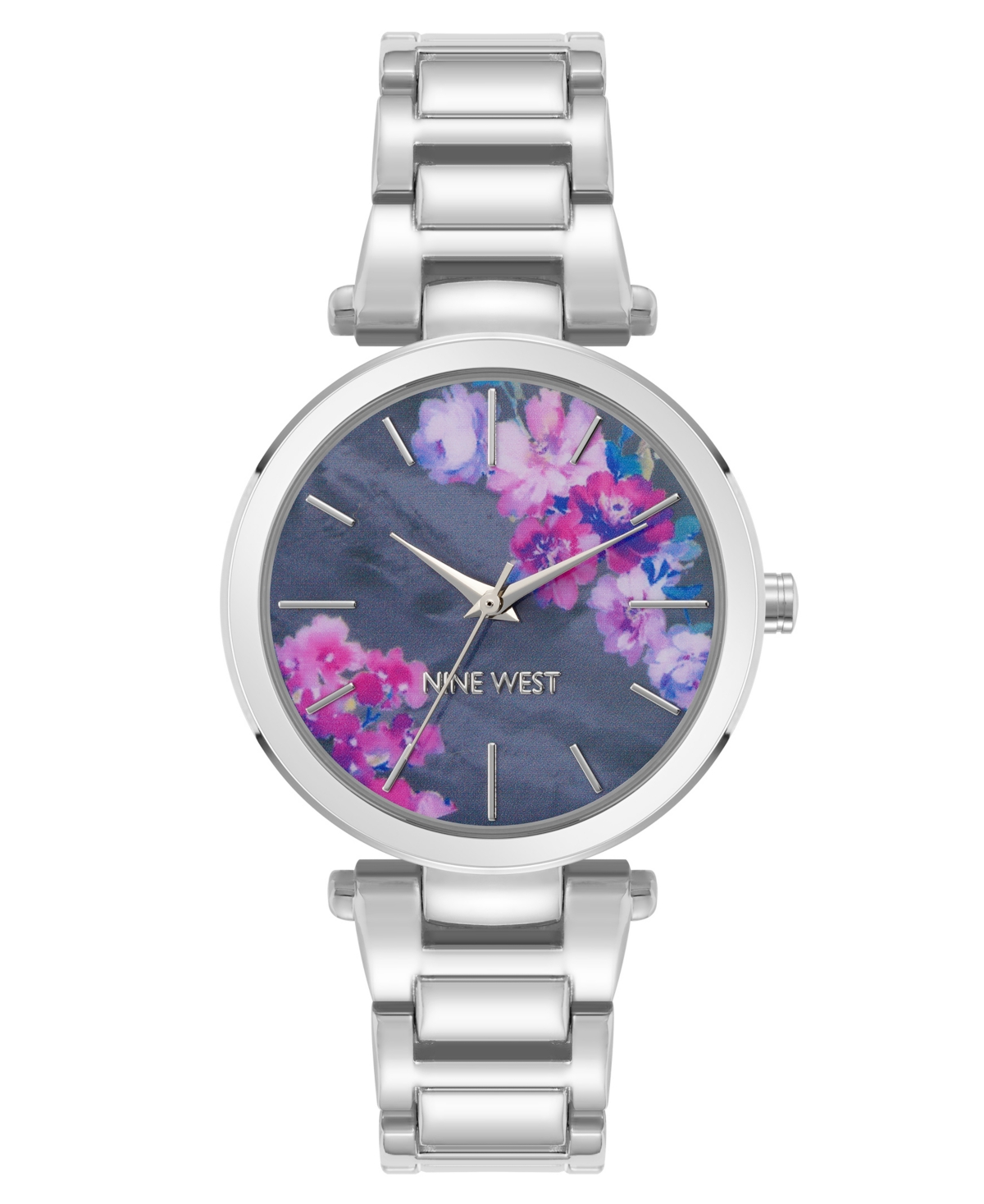 NINE WEST WOMEN'S QUARTZ SILVER-TONE METAL ALLOY BLUE FLORAL DIAL WATCH, 36MM 