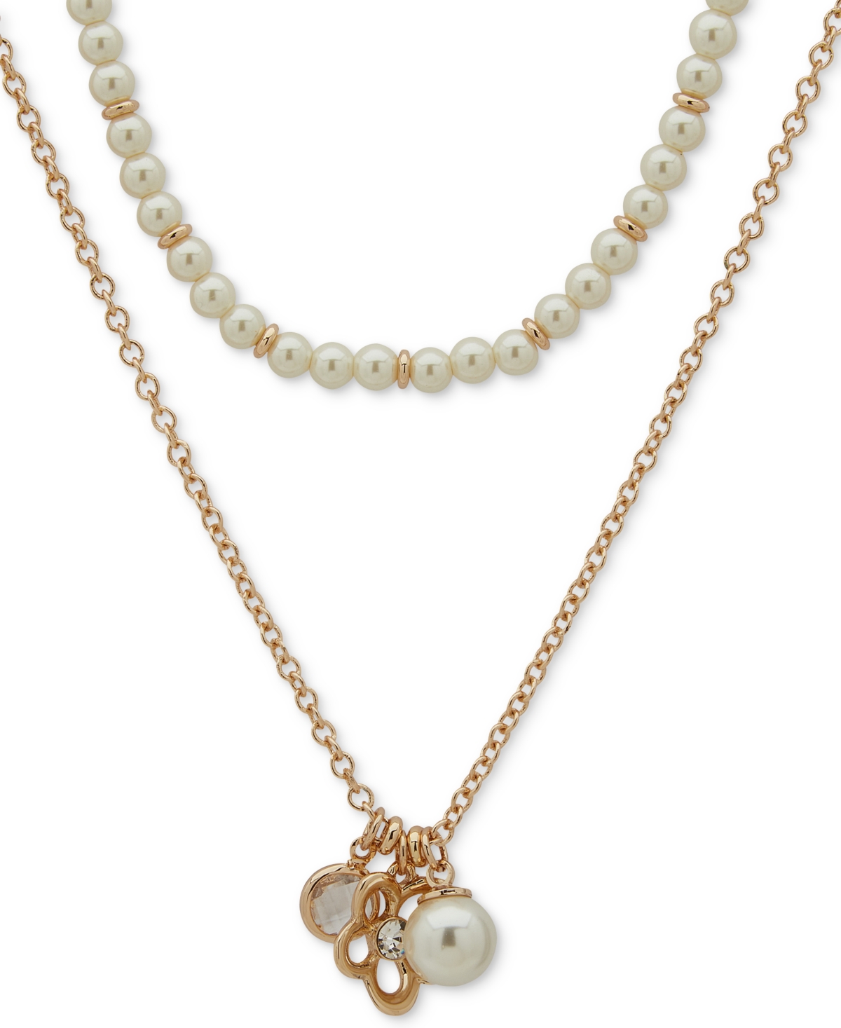 Gold-Tone Mixed Stone Flower Layered Pendant Necklace, 16" + 3" extender - Pearl