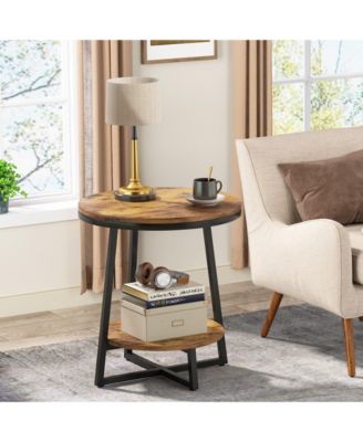 End Table, 2 Tier Round Side Table with Storage Shelf, Industrial Nightstand Bedside Table Coffee Accent Table for Living Room Bedroom Small Space