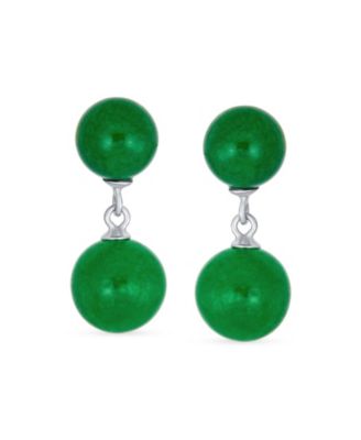 Classic Simple Dangle Double Round Natural Teal Blue Green Jade 2 Drop Ball Earrings .925 Sterling Silver 10MM