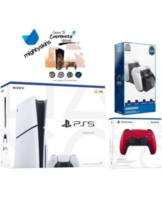 PlayStation 5 Slim Disc with Extra Cosmic Red Controller, Dual Charging Dock and MightySkins Decal Voucher
