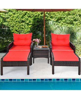 5PCS Patio Set Sectional Rattan Wicker Furniture Set w/ Red Cushion