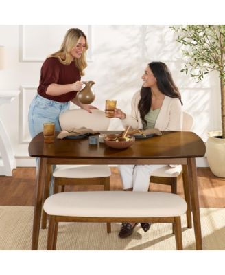 4-Piece Mid-Century Modern Upholstered Wooden Dining Set w/ 2 Chairs, Bench - Walnut/Cream